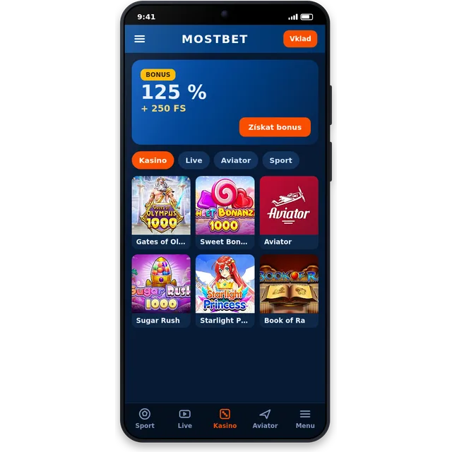 Startscherm van de Mostbet-app met casino en sportweddenschappen